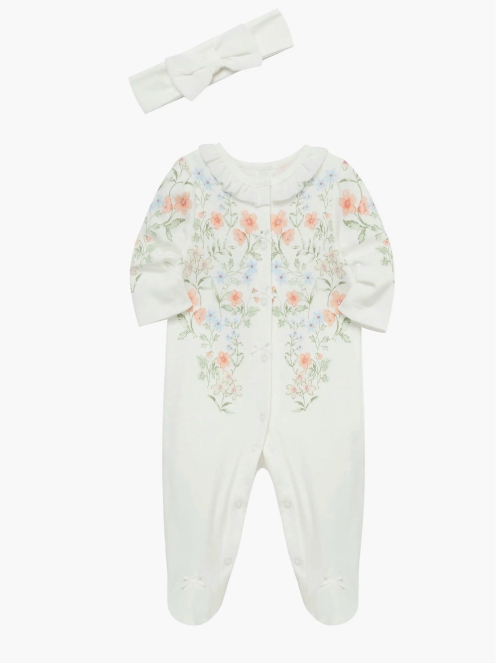 Little Me White Floral Footed One-Piece with Matching Headband